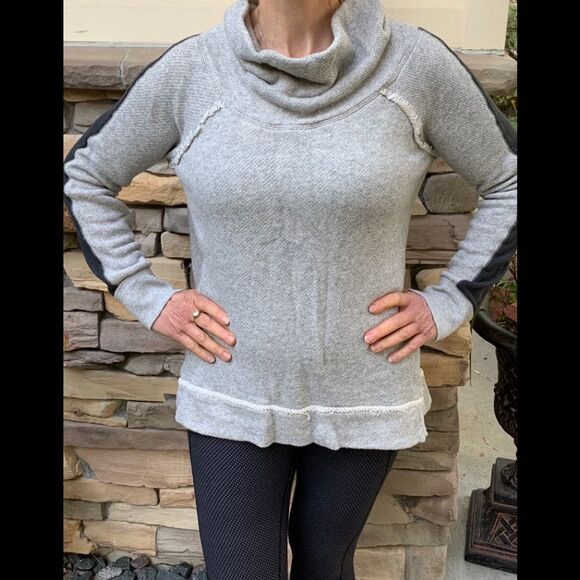 Free People grey sweater, black sleeve panels, cowl collar, distressed,ragged, S - Picture 8 of 15